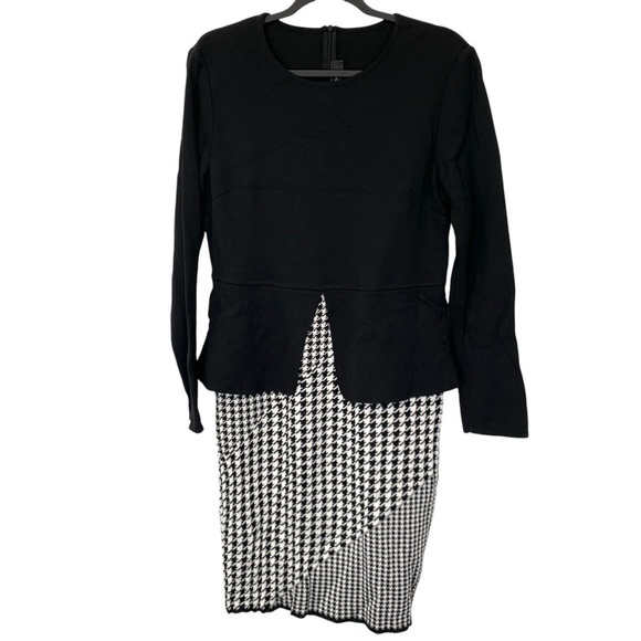 St. John Dress Womens 14 Black Houndstooth Peplum Milano Knit Stretch Sheath - Picture 2 of 10
